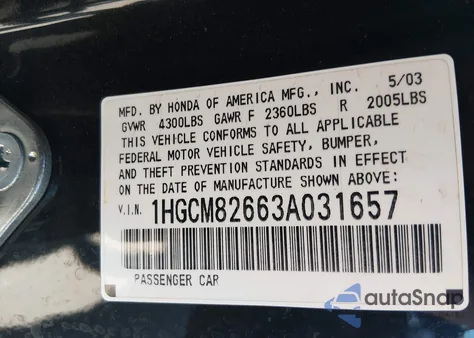 2003 Honda Accord 3.0 Ex z USA, uszkodzony, nr VIN 1HGCM82663A031657